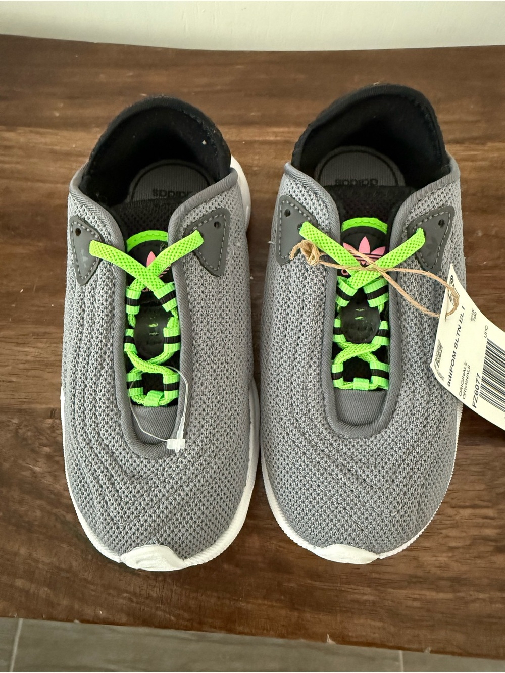 Adidas Kids Grey Knit Sneakers with Neon Green Accents